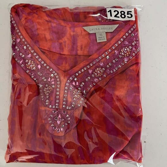 Laura Ashley New Women XL Tie Dye Chiffon Top Jeweled Artsy Blouse Hippie Groovy - Picture 14 of 16